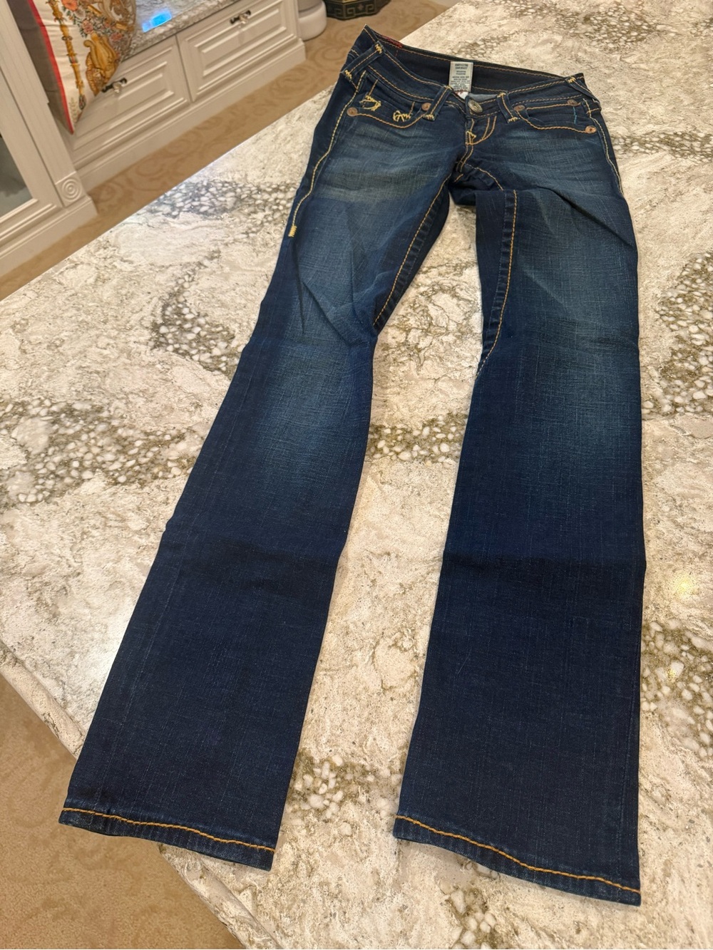 True Religion Women's Dark Blue Bootcut Jeans with Contrast Stitching